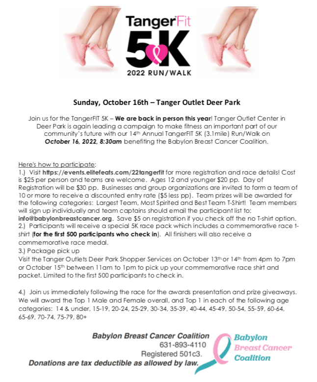 Tanger Outlets To Hold 14th Annual TangerFit 5k Walk Benefitting The Babylon Breast Cancer Coalition