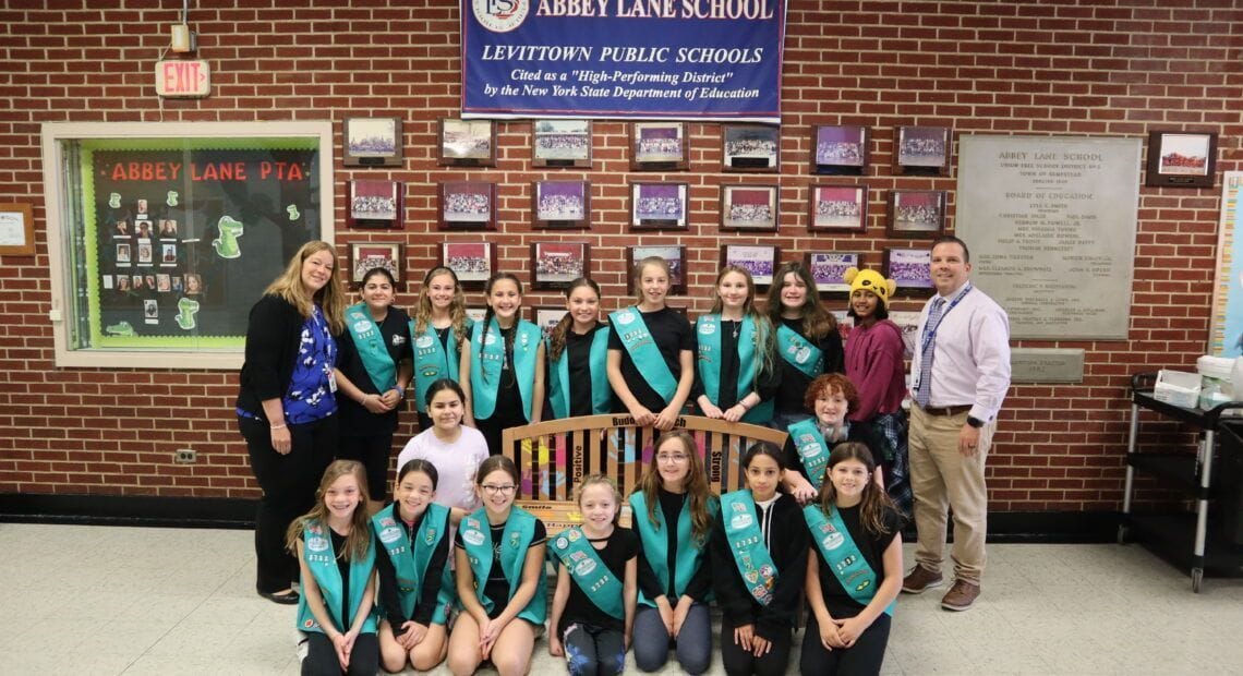 Abbey Lane Girl Scouts Dedicate Buddy Bench To School