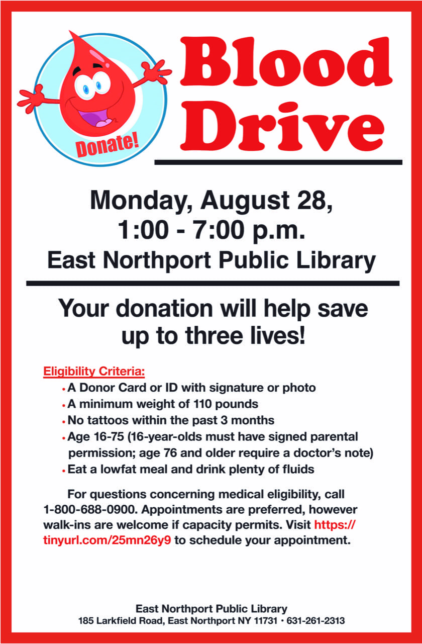 Blood Drive To Be Held At East Northport Public Library On August 28th